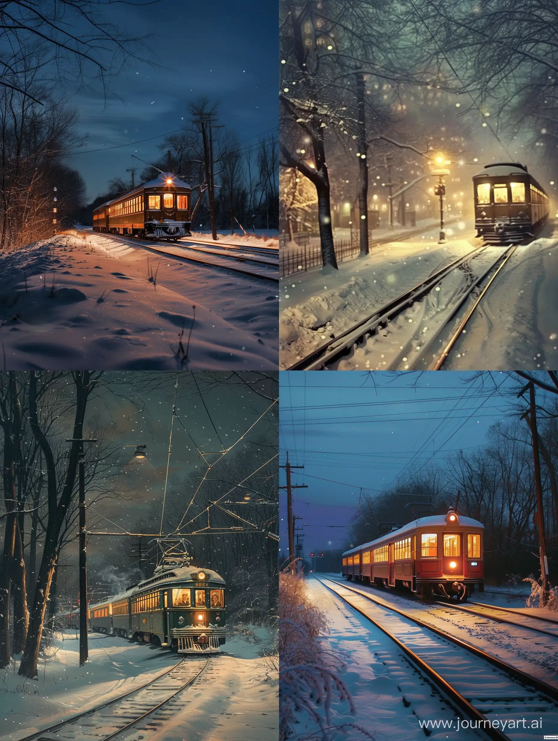 Vintage train rides on a winter night