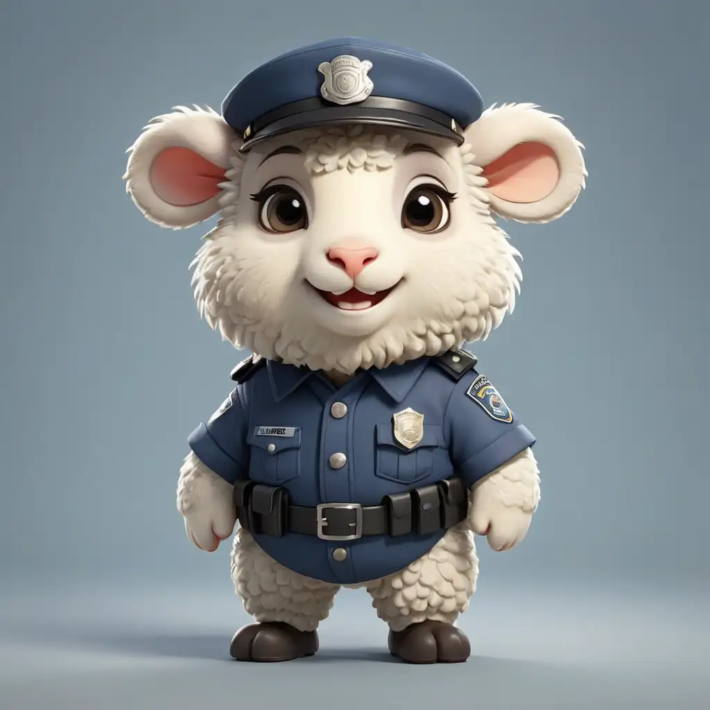 Cartoon Sheep in FullBody Police Uniform on Clear Background