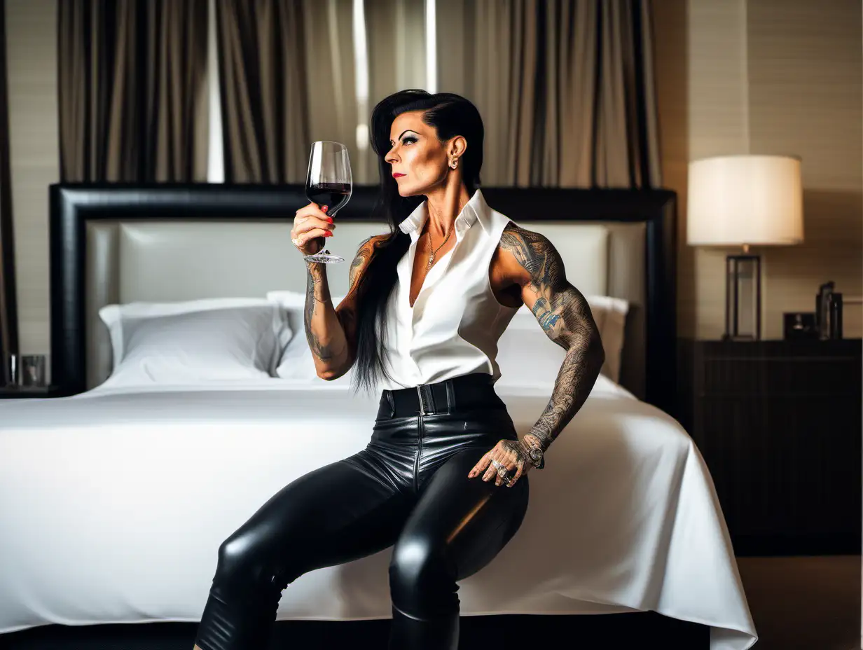 Extremely muscular tattooed italian female wearing a sleeveless white silk blouse and black leather pants sitting in a fancy hotel room sipping wine and flexing her biceps