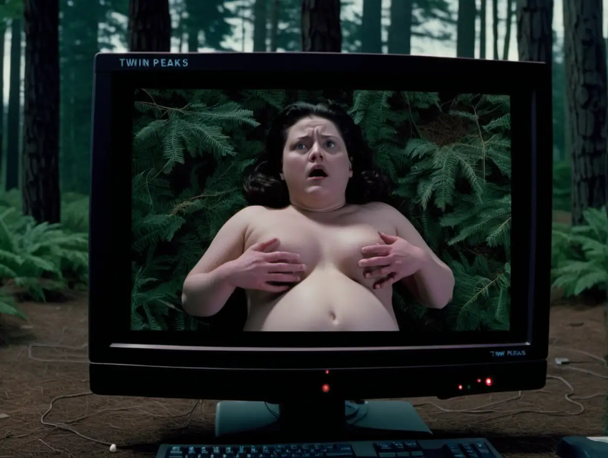 cinematography, twin peaks, a young dark haired chubby lady is giving birth to a baby in the middle of the forest, she is being projected onto  big computer screens around