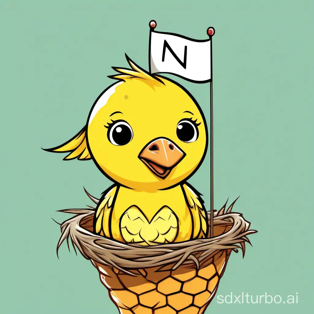 Cartoon drawing of a young yellow canary in a nest atop the head of a giraffe, the canary is holding a white flag, cute, friendly, white background.