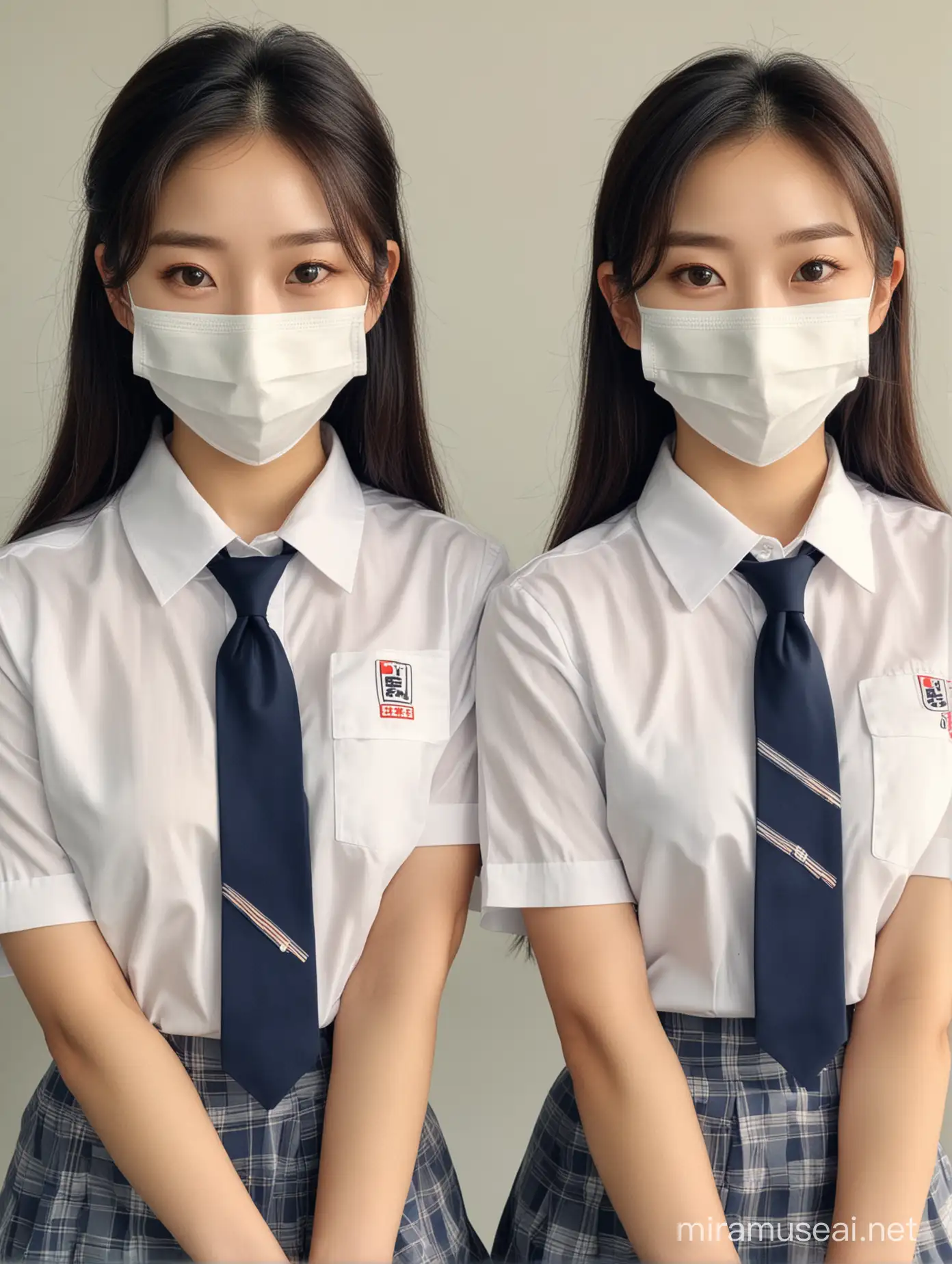 pretty korean school girls in masks, two of them, sisters, around the same height, same uniform, full uniform with tie, short sleeves, smiling at camera, very pretty eyes like actress