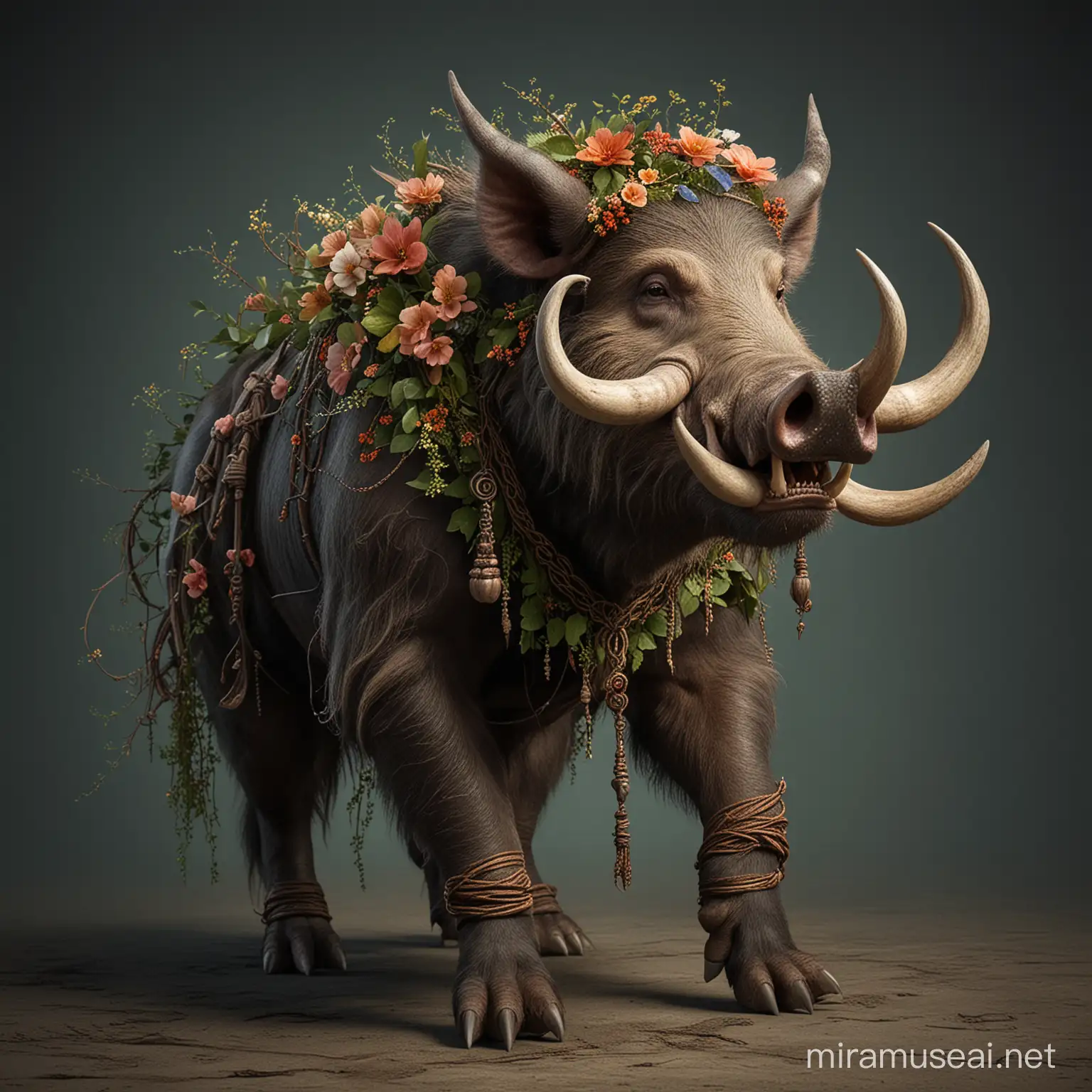 a majestic feywild dire boar with tusks, that has a necklace of vines and flowers. full body image