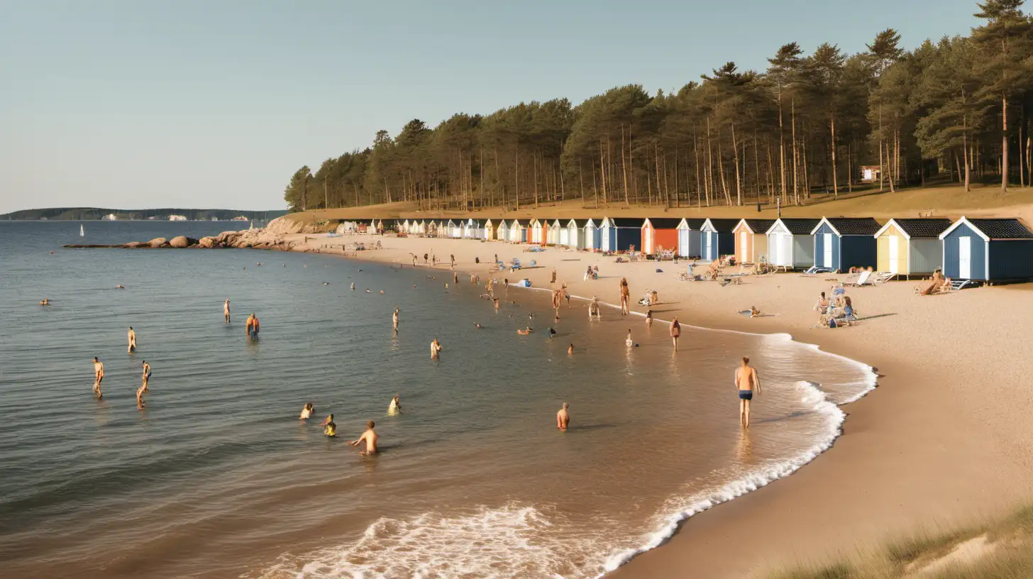 Late Afternoon Beach Scene People Enjoying Summer by South Swedish Beach Huts