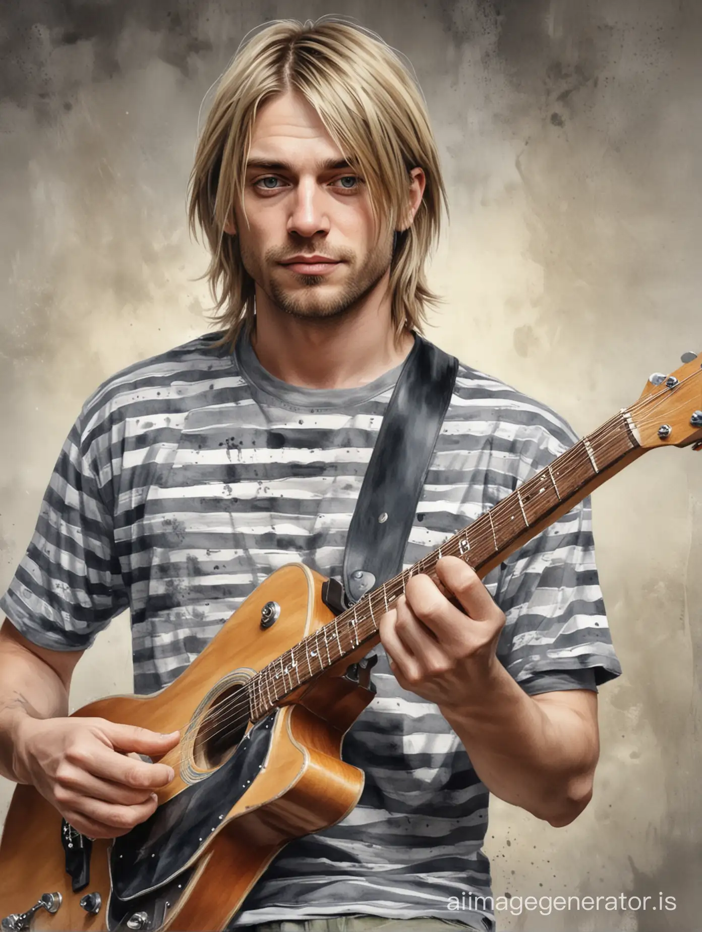Realistic image, watercolor painting, produces an American man, named Cobain, wearing a striped gray t-shirt, playing the guitar seen from the front, detailed image, detailed visuals, looks real, HD