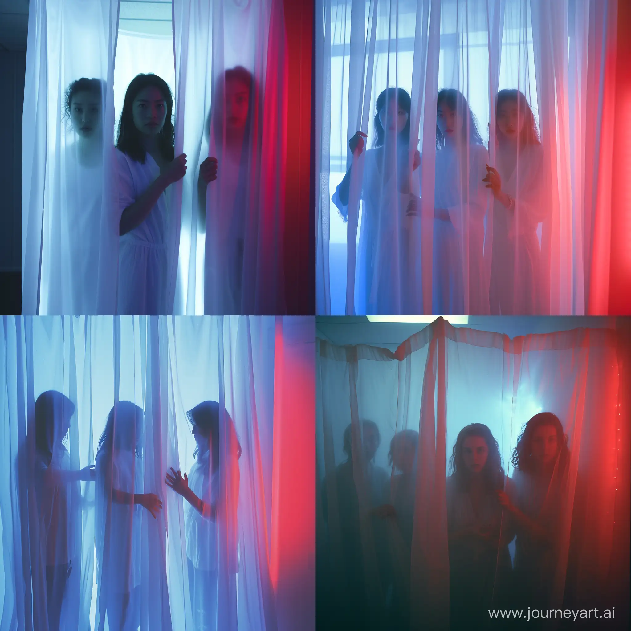 3 woman behind white slightly transparent curtain,  One back light on the right red color, Second back light blue color on the left and direct light above  casting shadows on to curtain, we can see only silhoulette . They look like want to go through curtain, we can see their hands on curtain