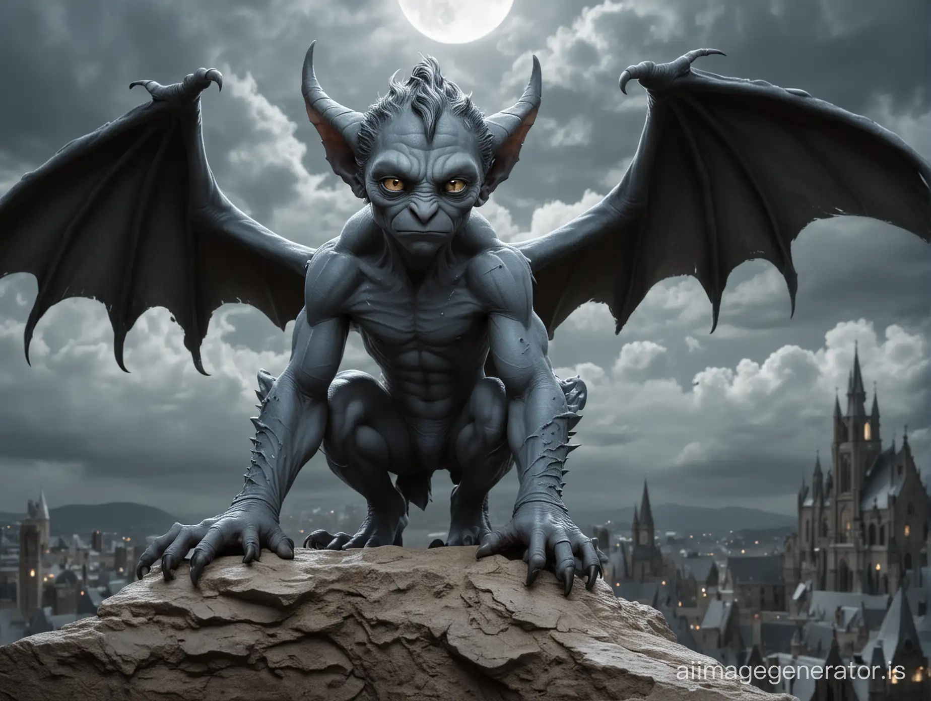 A male boy-like gargoyle with humanoid proportions. He looks like a boy and has a cute boyish face. He has bat-like wings and a Tail.  Shows the entire male boy-gargoyle in a long shot. He has very smooth gray-blue skin with freckles. He is skinny. He has dark hair. He has claws instead of fingers and toes.   Two natural sharp horns growing from his forehead. He has claws instead of fingers and toes. He stands on a Rock in a dark cloudy Night. Show the entire boy-gargoyle in a long shot.