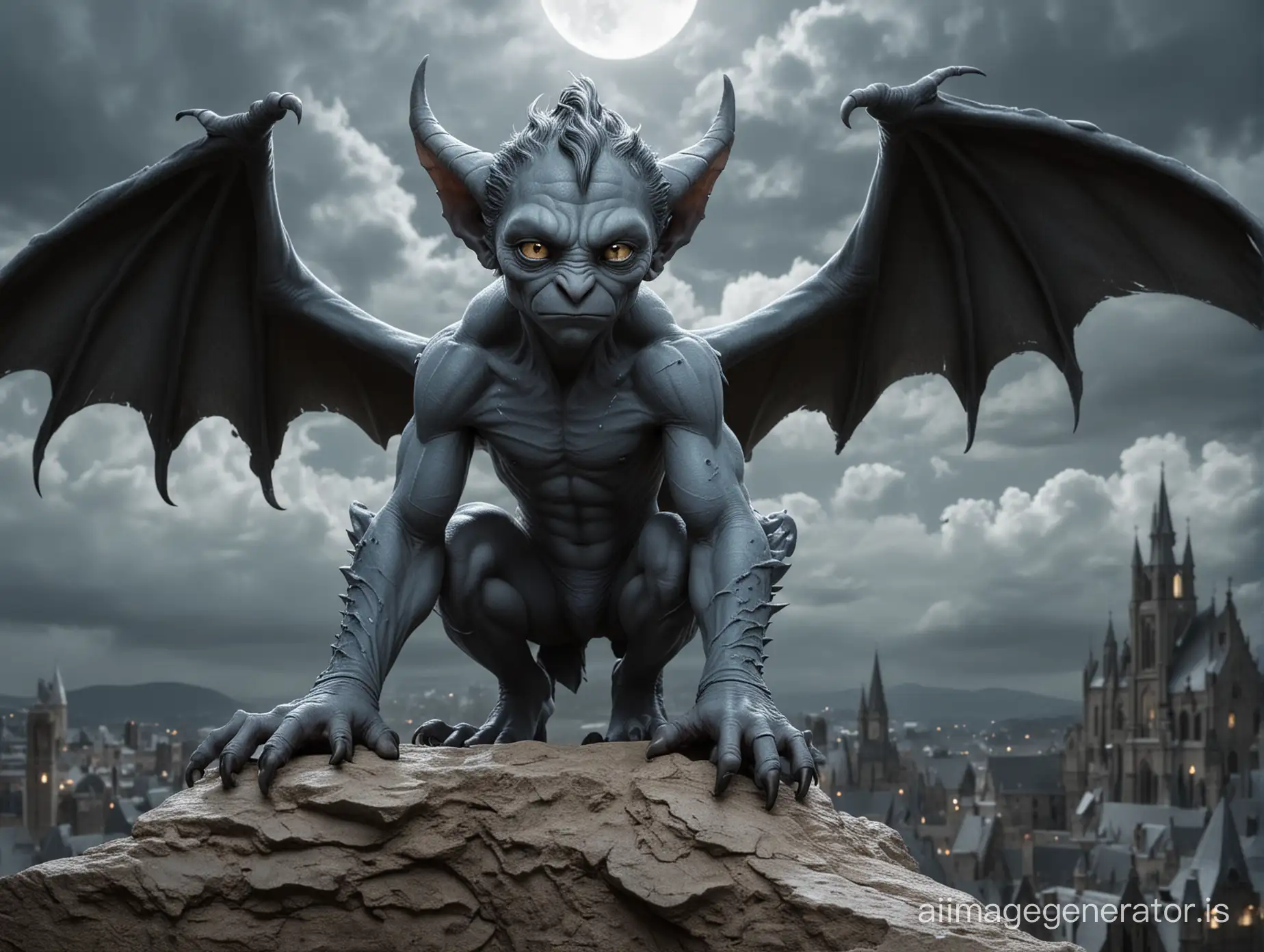 A male boy-like gargoyle with humanoid proportions. He looks like a boy and has a cute boyish face.
He has bat-like wings and a Tail. 
Shows the entire male boy-gargoyle in a long shot.
He has very smooth gray-blue skin with freckles. He is skinny.
He has dark hair. He has claws instead of fingers and toes. 
Two natural sharp horns growing from his forehead. He has claws instead of fingers and toes. He stands on a Rock in a dark cloudy Night. Show the entire boy-gargoyle in a long shot.