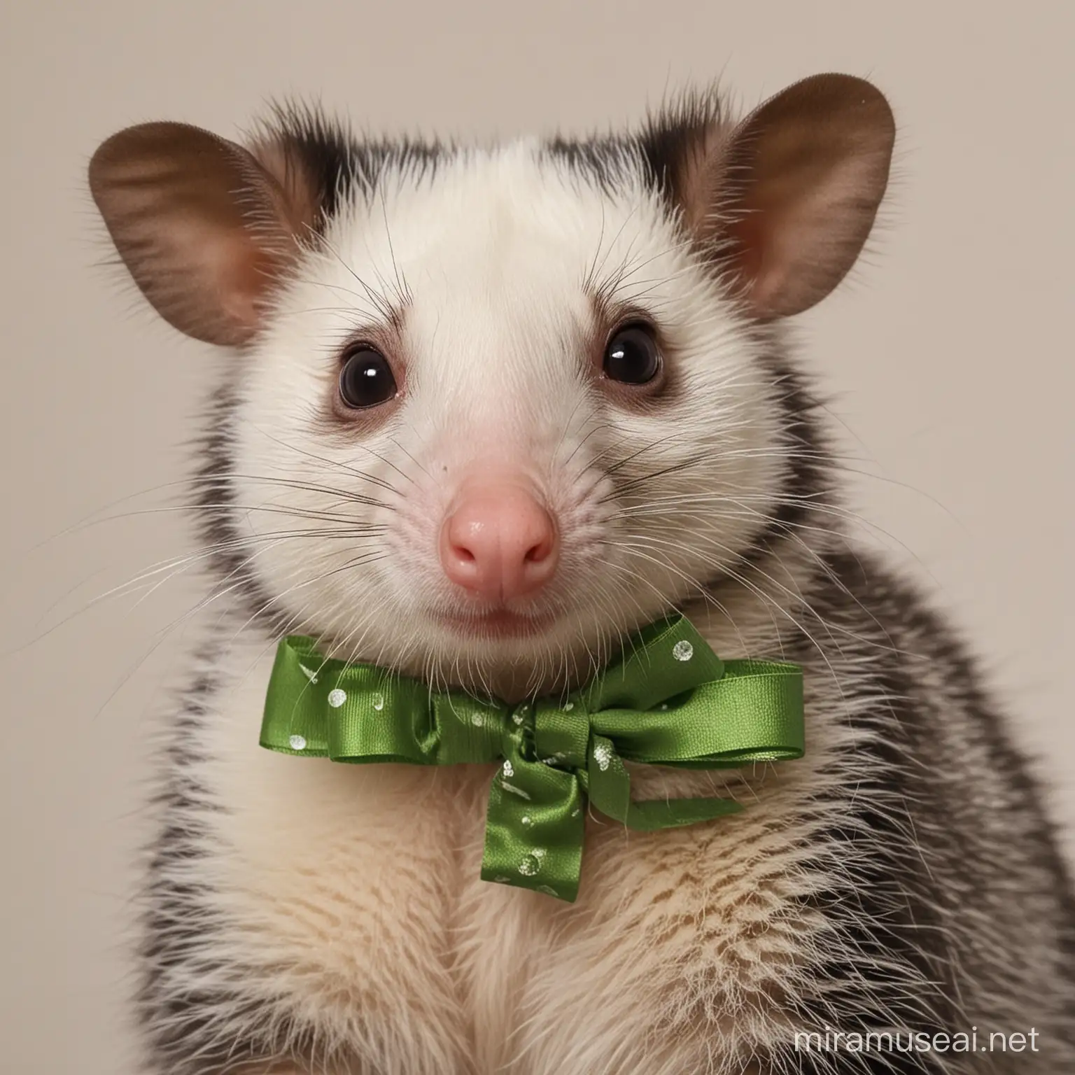 cute domestic male Opossum wearing a small green bow named Dimples