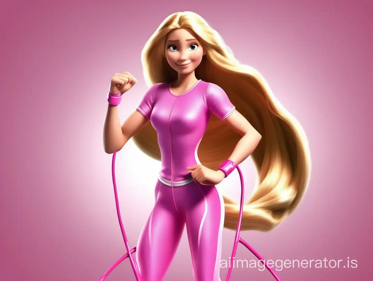 Disney princess Rapunzel in a pink sports suit holds a jump rope in her hand, long hair, identical eyes, realistic photo, 5 fingers on hands, symmetrical proportions, proper grip of jump rope handles, realistic pose, resembles a real modern girl, HD quality