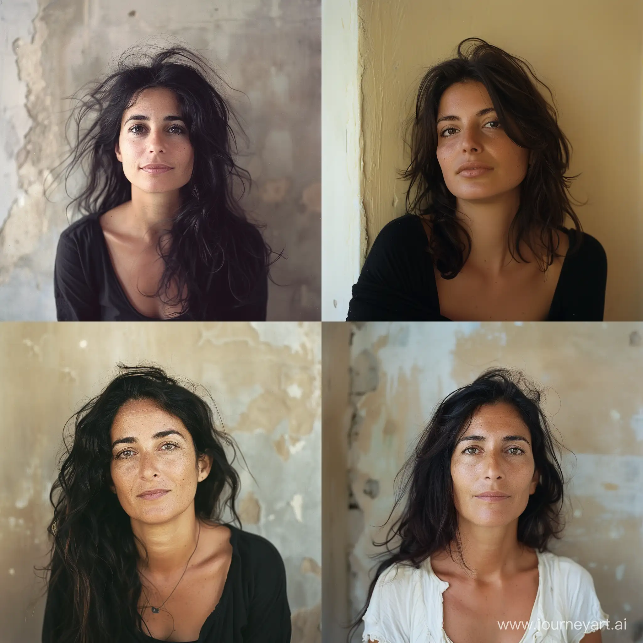 Intimate photographic portrait of an attractive 40 years old Lebanese woman, in front of a flat wall, playful hair, peaceful and joyful expression, deep and captivating eyes, looking at camera, eye contact, summer gentle warm light, cinematic style, shot with Fujicolor Pro 400H::3 by Georg Baselitz ::2 --style raw 