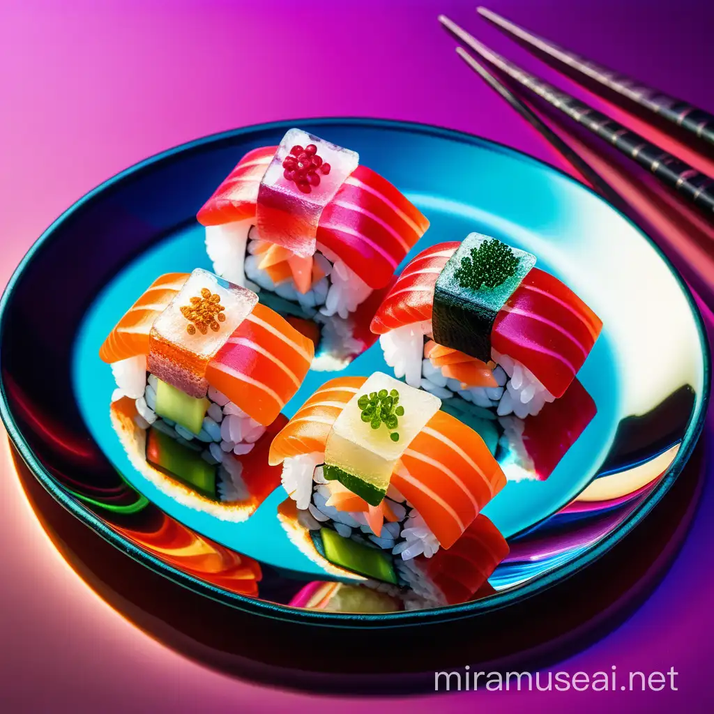 Produce a picture of three shiny iridescent crystal sushi delicious served on a iridescent plate