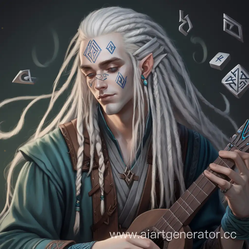 Changeling Bard (DnD) с бледной кожей парень с длинными белыми дредами и рунами на лице