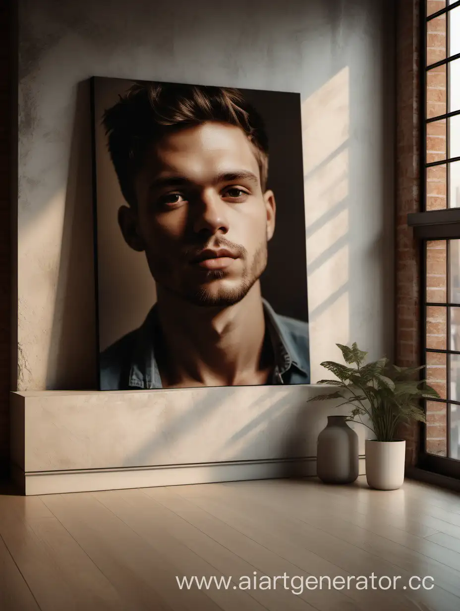 A portrait on canvas stands on the floor at an angle in a loft-style interior, leaning against