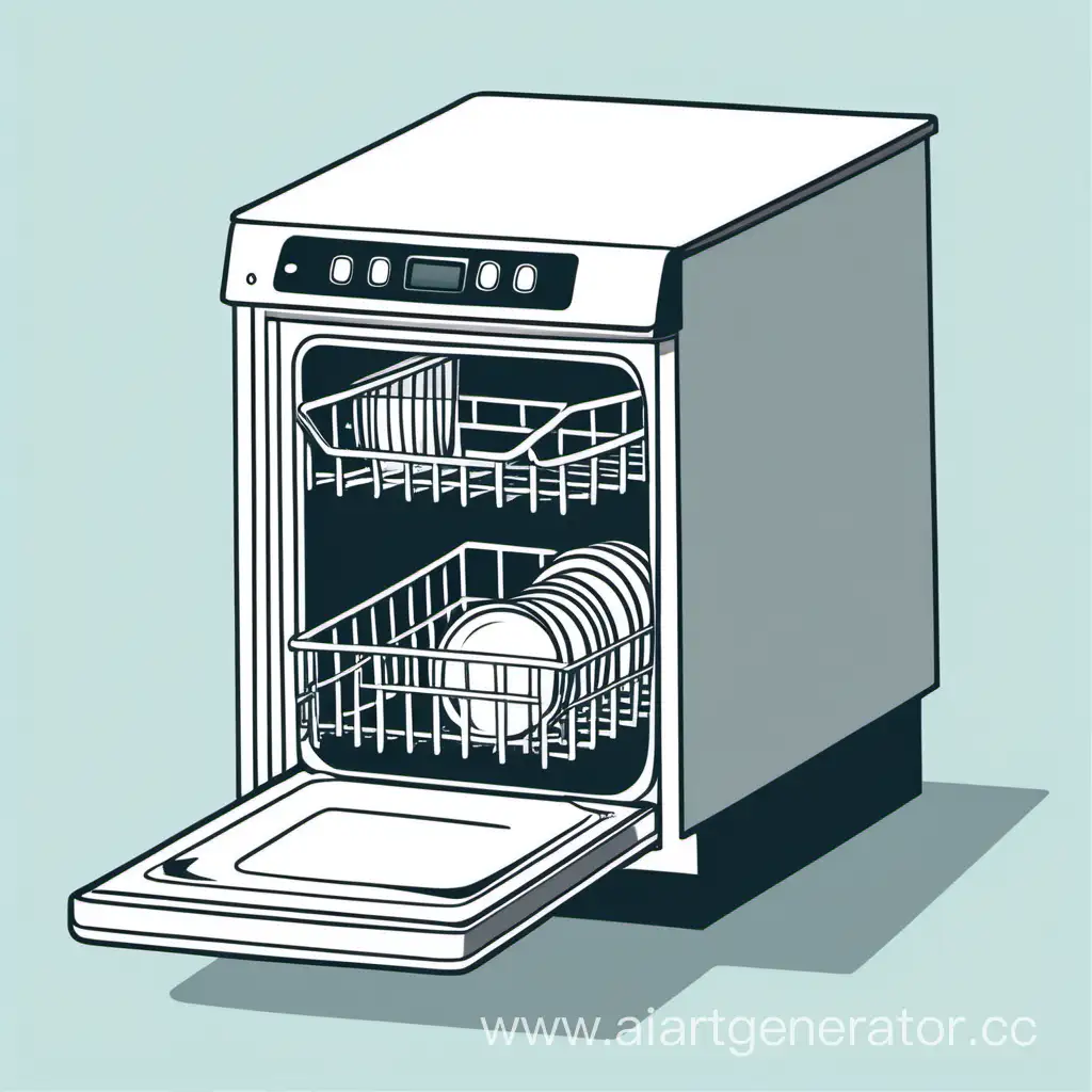 Whimsical-Cartoon-Dishwasher-with-Open-Door-on-Clean-White-Background