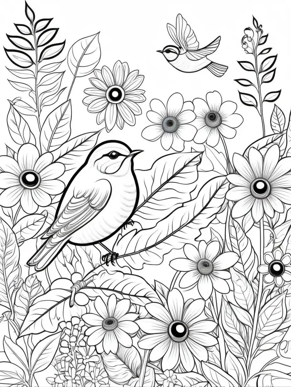 Botanical Coloring Page with Flowers Birds Bees and Leaves on White Background