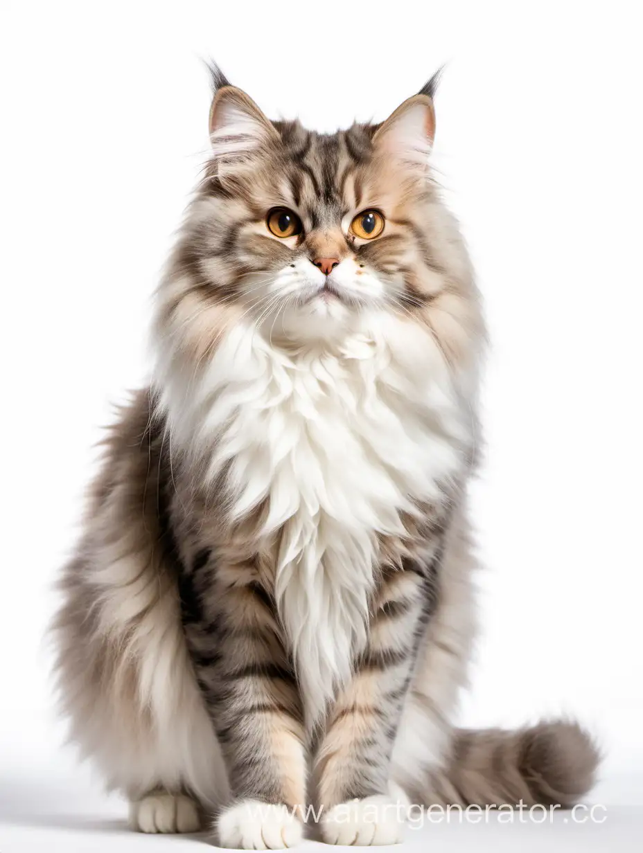 Cute fluffy cat in full growth. White background