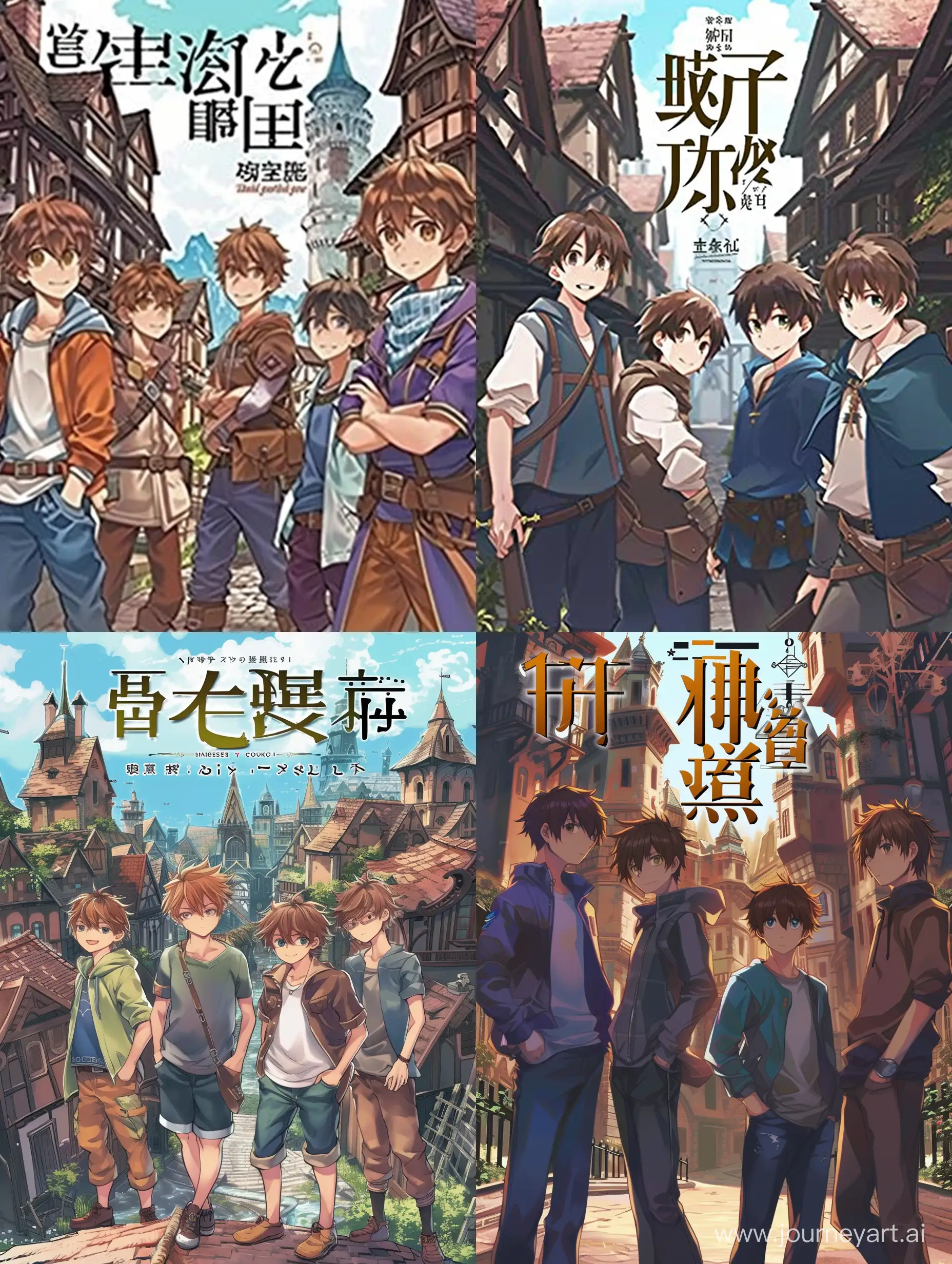 The cover for light novel, four boys and fantasy world with buildings, genres: fantasy and isekai.