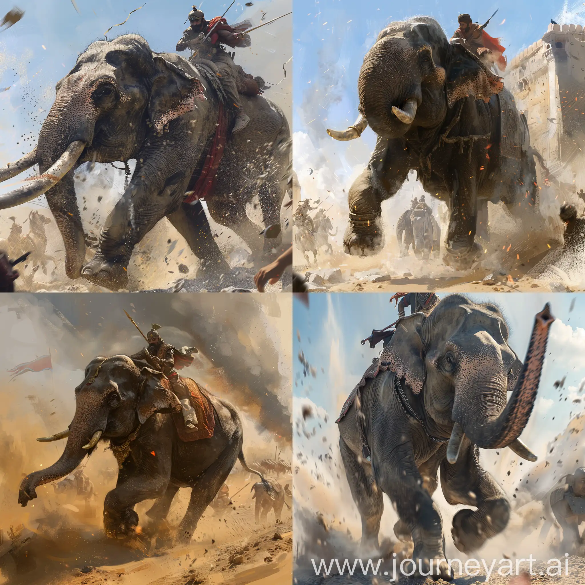 The year is 1498 CE. A battle is going on between the rajput forces and sultanate. Imagine a rajput war elephant in an attacking stance running towards someone. A person is sitting on top of the elephant.