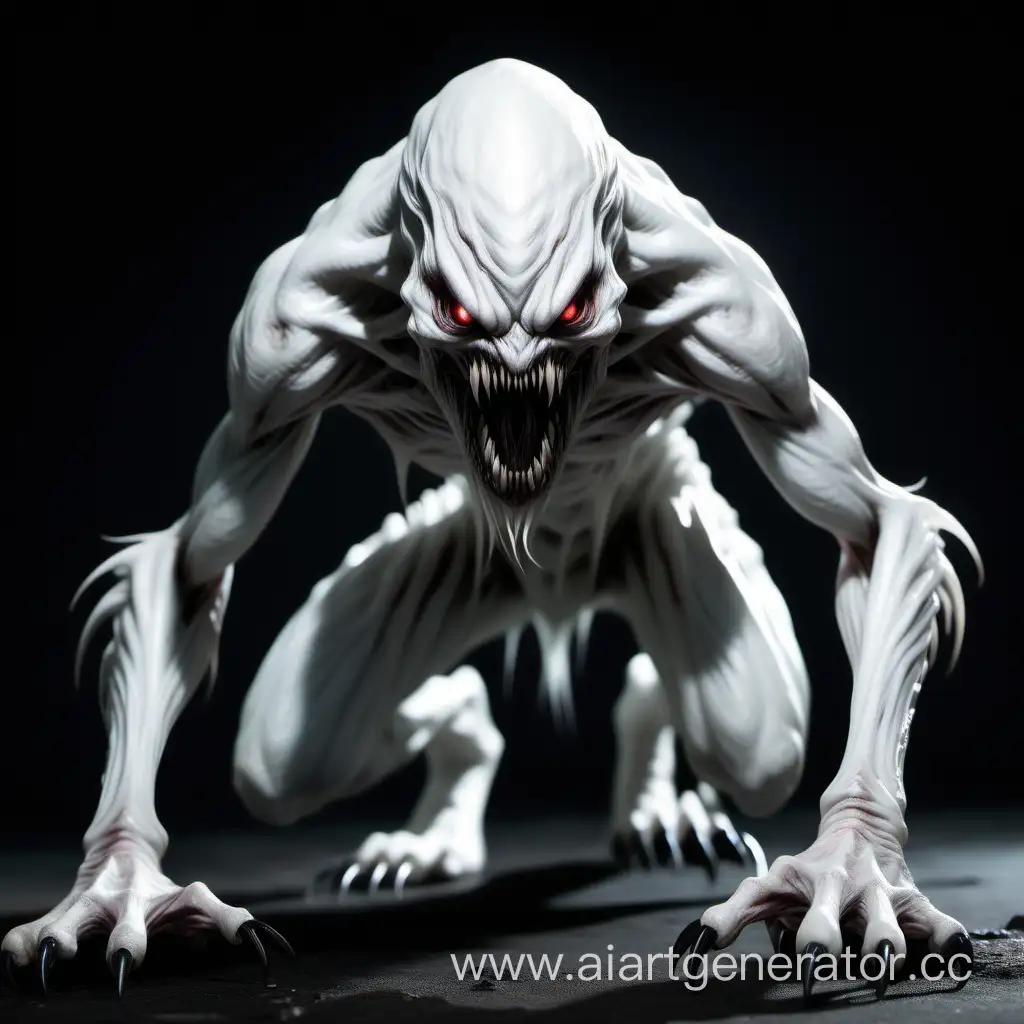Sinister-White-Monster-with-Fangs-and-Claws-in-Crouching-Position