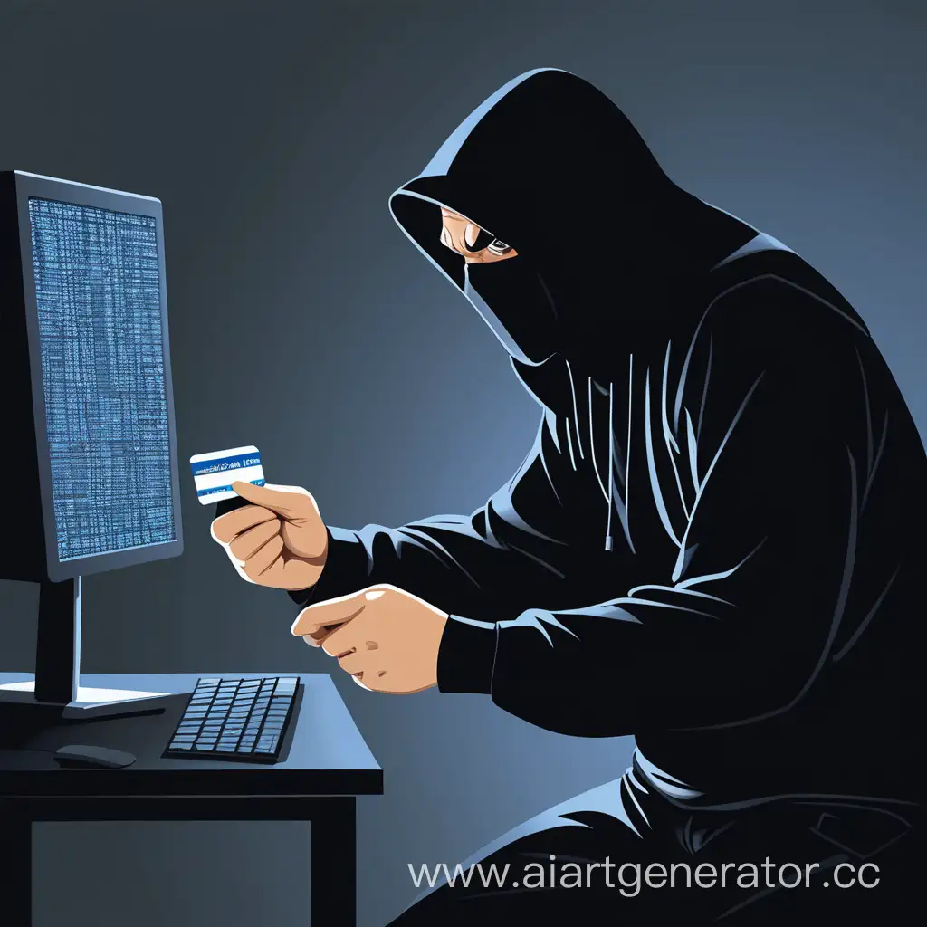 компьютер человек мошенник в черной одежде ворует данные и ловит карточку