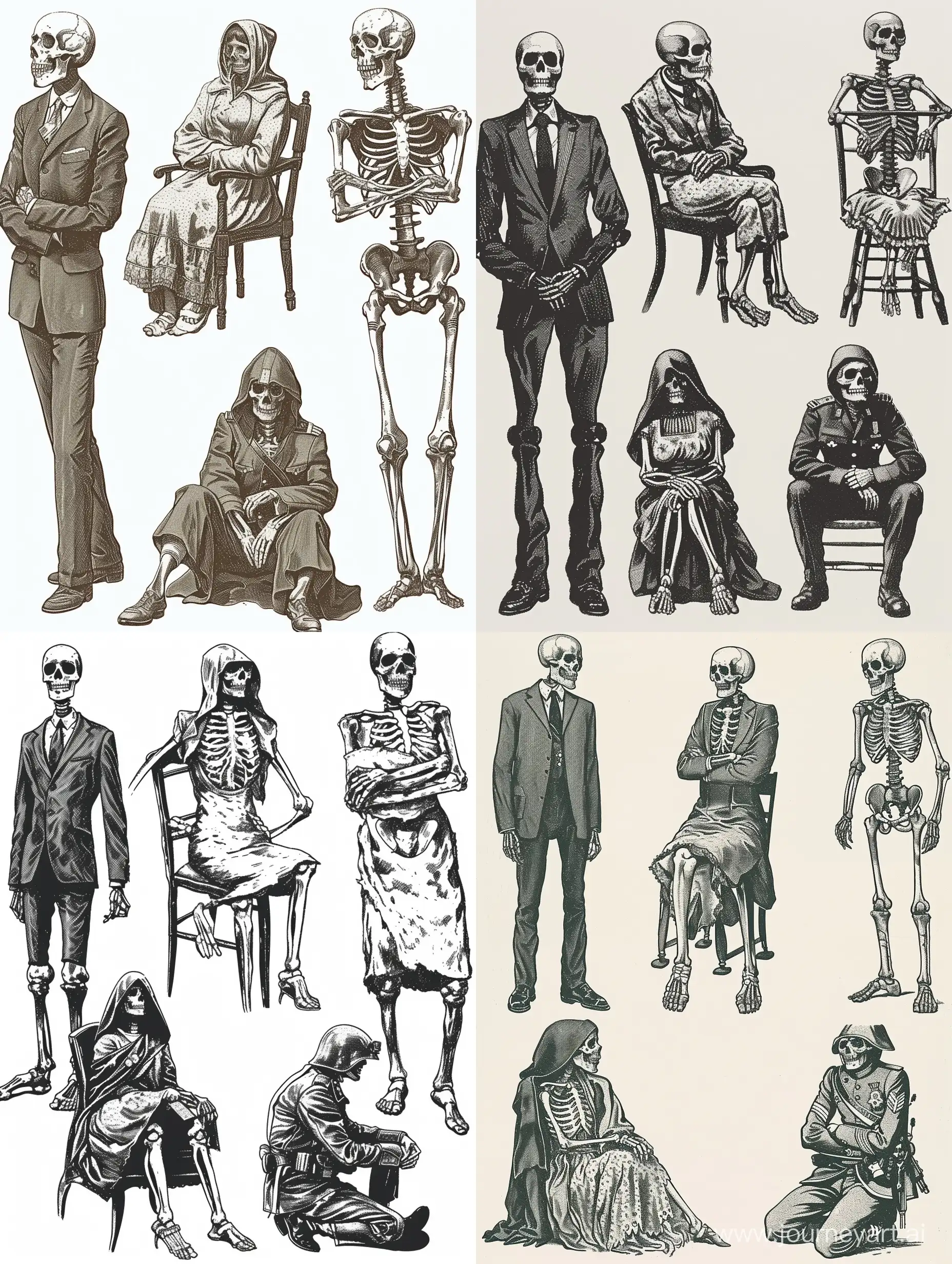 The skeletons are all wearing different outfits and are posed in different ways.  The first skeleton is wearing a suit and tie and is standing upright with its arms at its sides. The second skeleton is wearing a dress and is sitting in a chair. The third skeleton is wearing a hooded robe and is standing with its arms crossed. The fourth skeleton is wearing a military uniform and is kneeling on one knee with its head bowed.