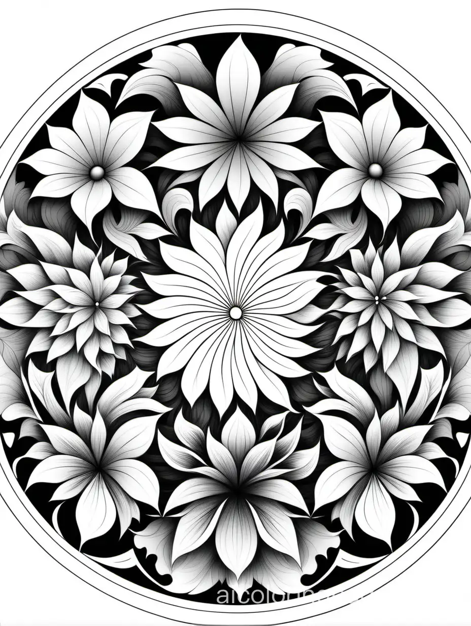 mandala of flowers, Eyvind Earle, multilayered, Coloring Page, black and white, line art, white background, Simplicity, Ample White Space. The background of the coloring page is plain white to make it easy for young children to color within the lines. The outlines of all the subjects are easy to distinguish, making it simple for kids to color without too much difficulty