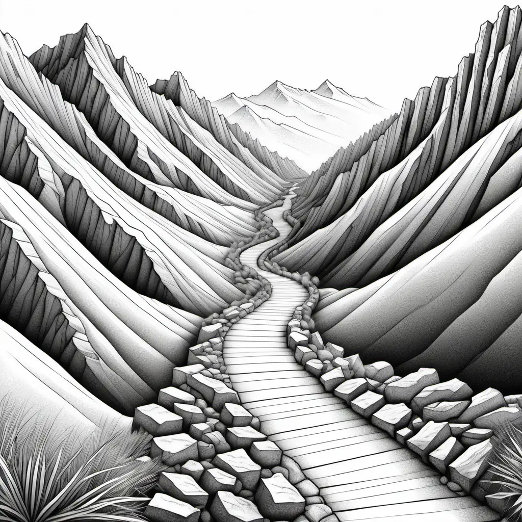 Simple black and white line drawing of a path winding up a mountainside, lightly detailed, realistic, no color,grayscale,shadows,shading