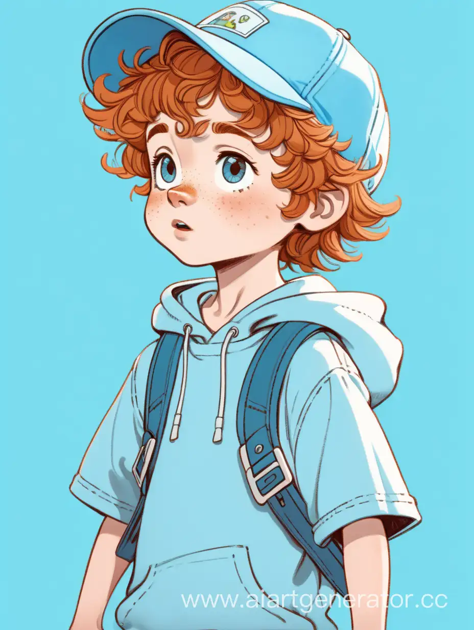 Маленький мальчик с зотистыми волосами и веснушками и в сине-голубой большой шляпе в мультяшном стиле, упрощенная анимация