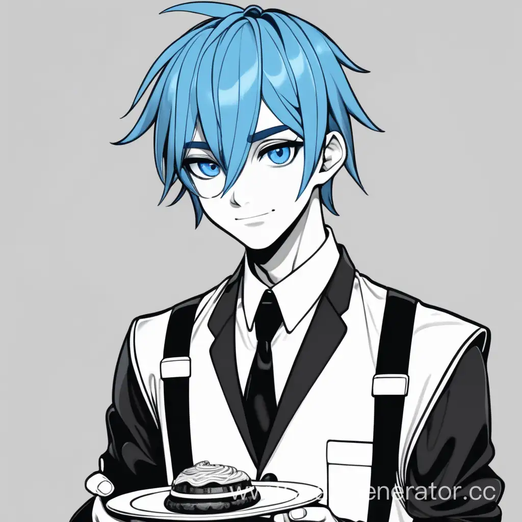 молодой застенчивый парень официант с голубыми волосами и синими глазами в полный рост в чёрно-белой форме
