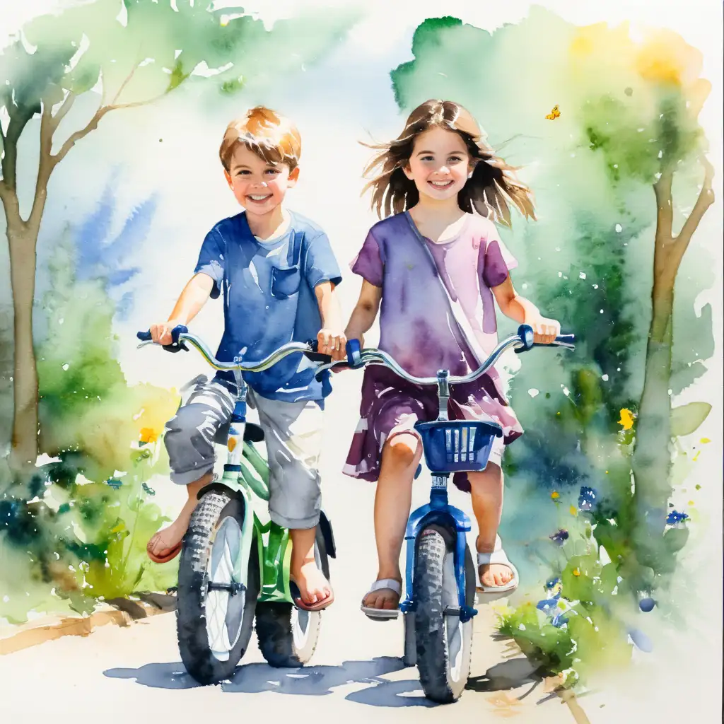 Watercolor Painting of Boy and Girl Riding Bikes with Basket