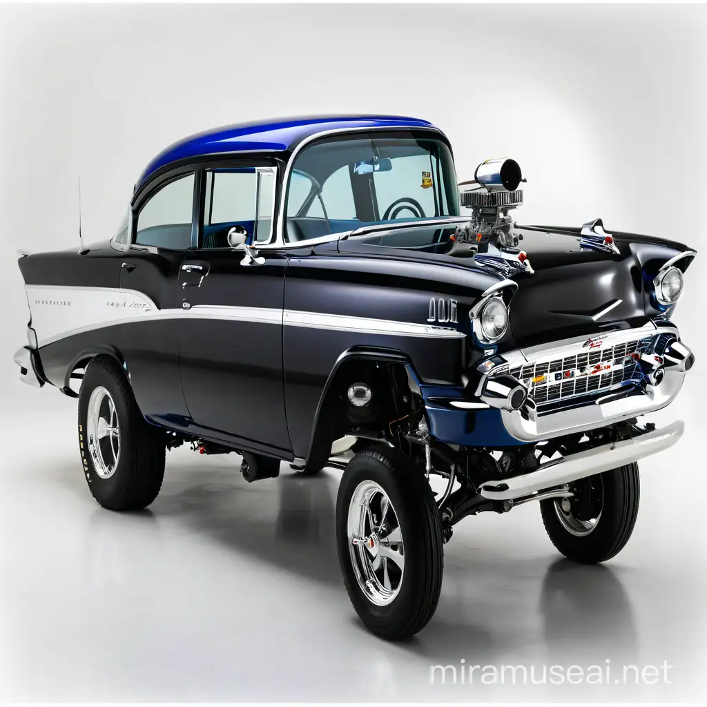 Electric Blue Chevy Bel Air 1957 Gasser Vintage Car with Exposed Motor