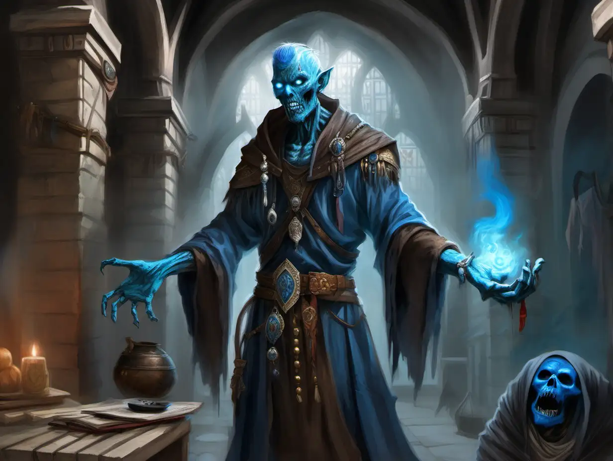 lich zombie with blue skin, brown gray clothes, shaman, Medieval hall interior, Medieval fantasy painting, MtG art