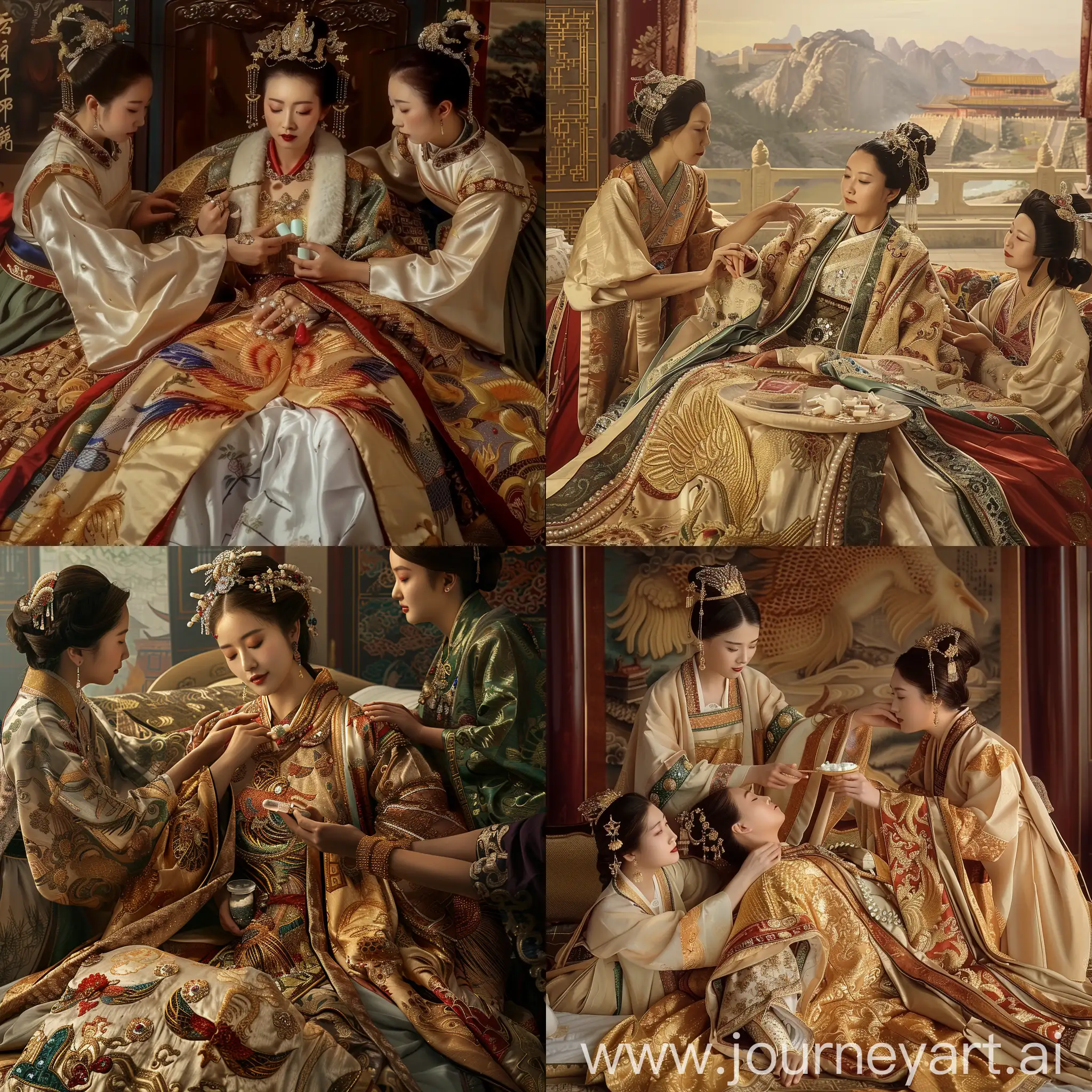 画侍女伺候武则天女皇吃药的场景。武则天身材消瘦，身披一袭金线和宝石织成的宽大凤袍，带着昂贵的珠宝，躺在床上。一个侍女给她喂药，一个侍女扶着她的肩膀。古代，细节丰富，远景图，汉服，宫廷，金碧辉煌，奢侈，自然光，华丽，彩色
