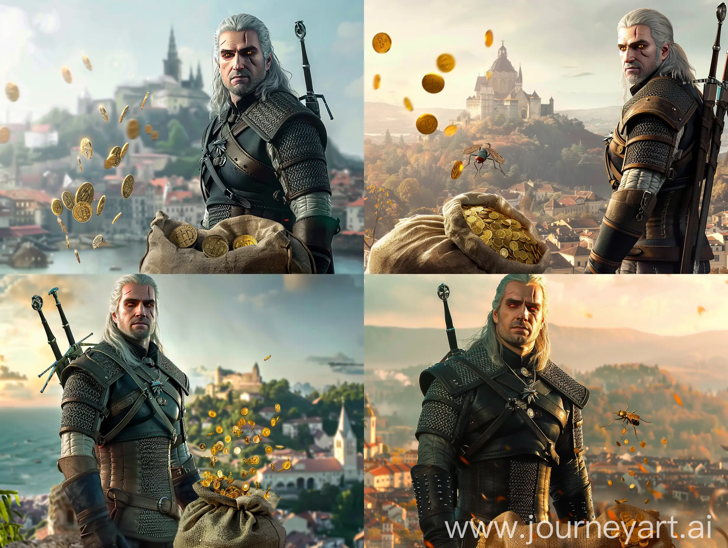 The Witcher Geralt stands against the backdrop of the very beautiful city of Novigrad, looking forward, super realistic, detailed in 4K quality, near his feet lies a large midge with gold coins falling out of the bag  
