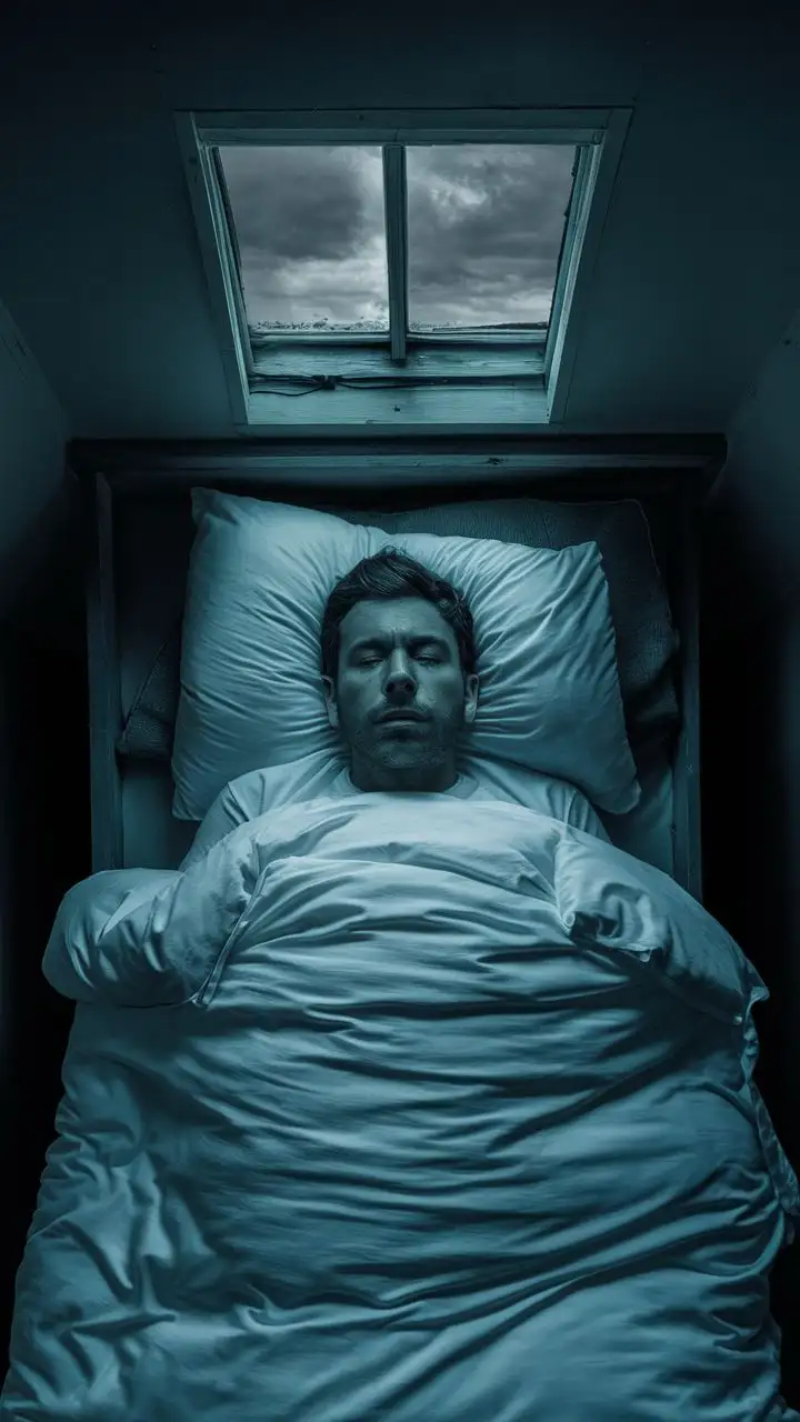 A close shot of a still man in a bed that he cannot move