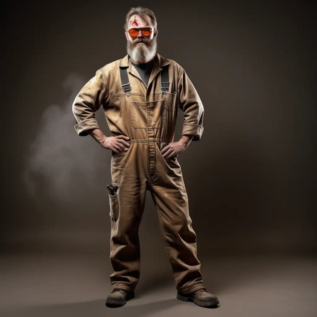 Scary Full body shot of a middle-aged, nerdy-looking hillbilly mechanic. He is holding a wrench in his hand. He has a beard. he is wearing amber glasses.
He wears tan coveralls with blood and motor oil stains on them. 