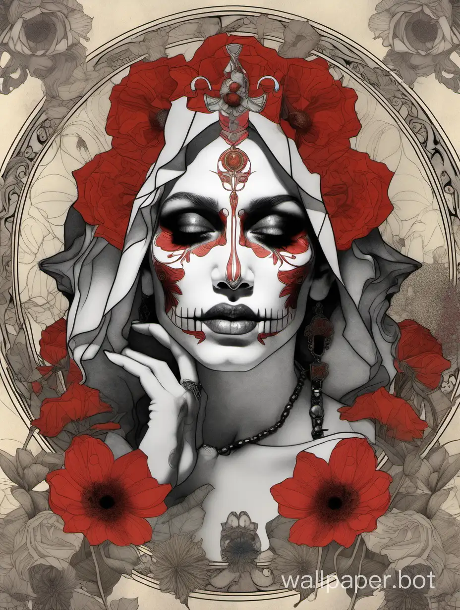 madonna skull face , odalisque, alphonse mucha poster background, wildflowers smoke paint, high textured paper, hiperdetailed lineart , black,gray, red,