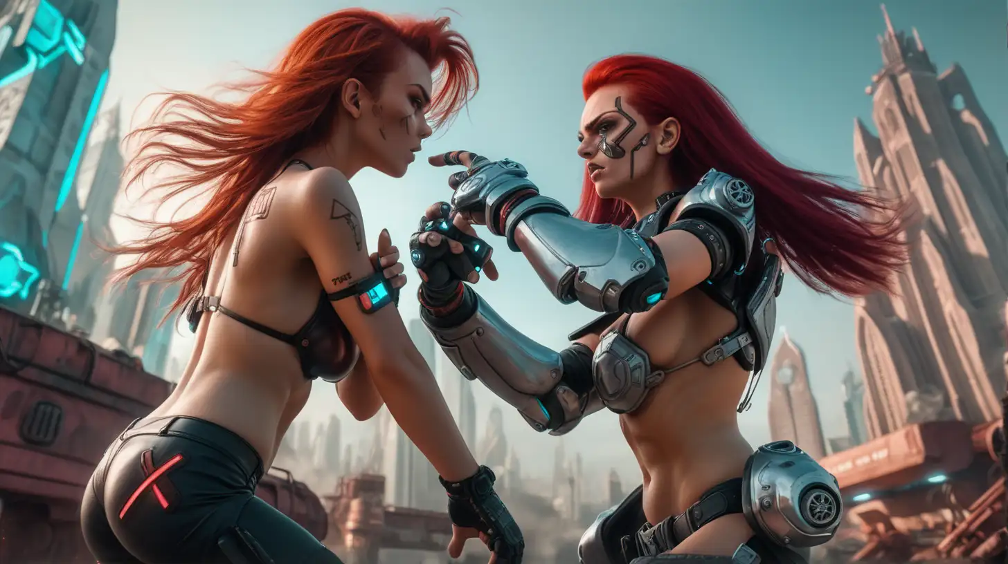 Cyberpunk Battle RedHaired Girl in Power Armor vs Topless Brunette