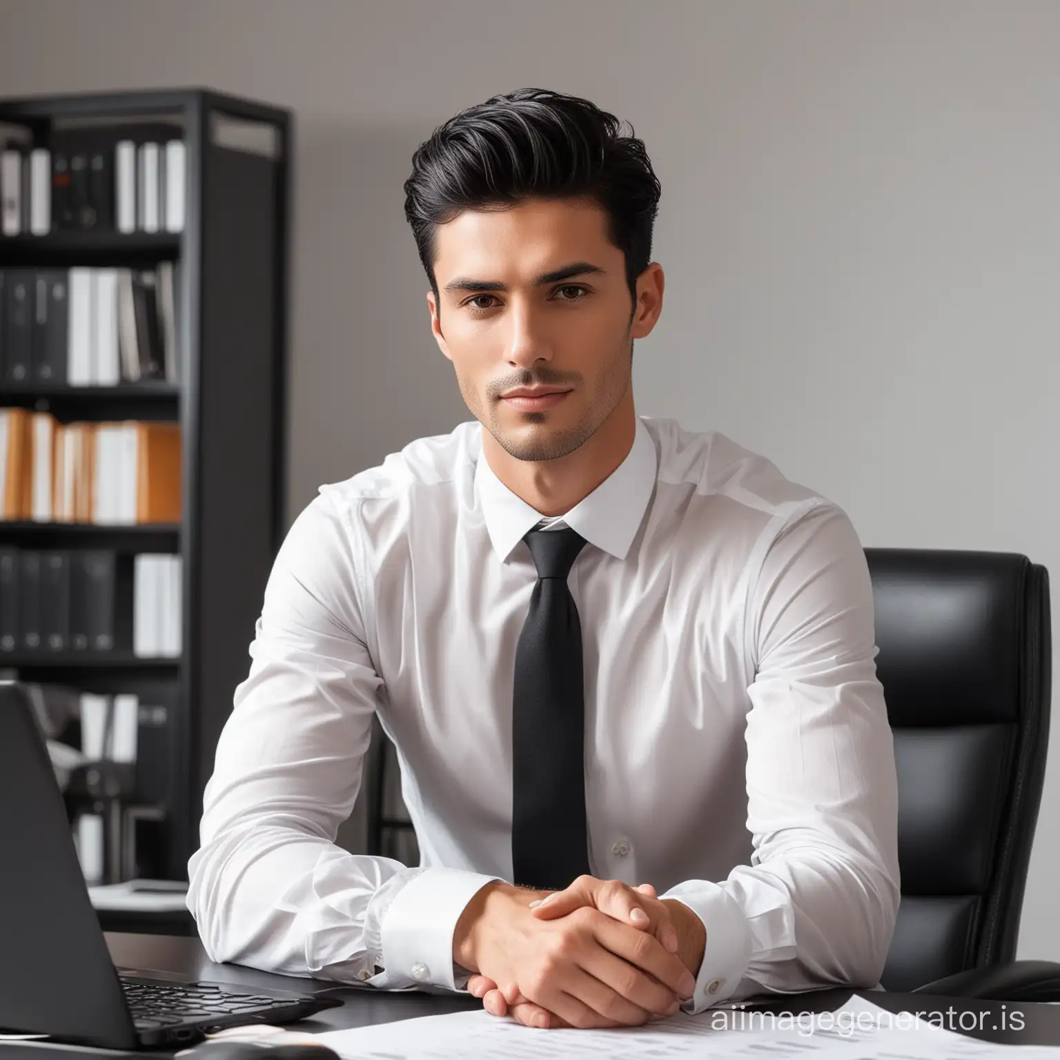 A handsome and thin man with black hairs in luxury office
