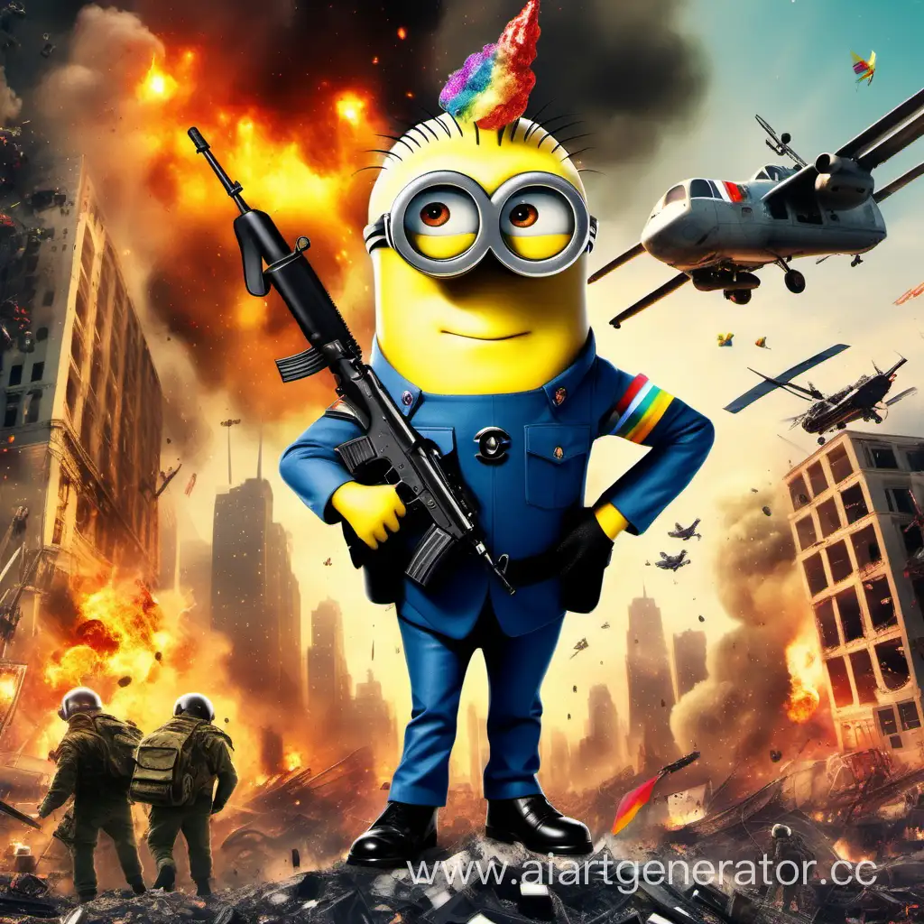 MilitaryClad-Minion-with-LGBT-Flag-Amidst-Drone-Warfare-and-Mythical-Creatures