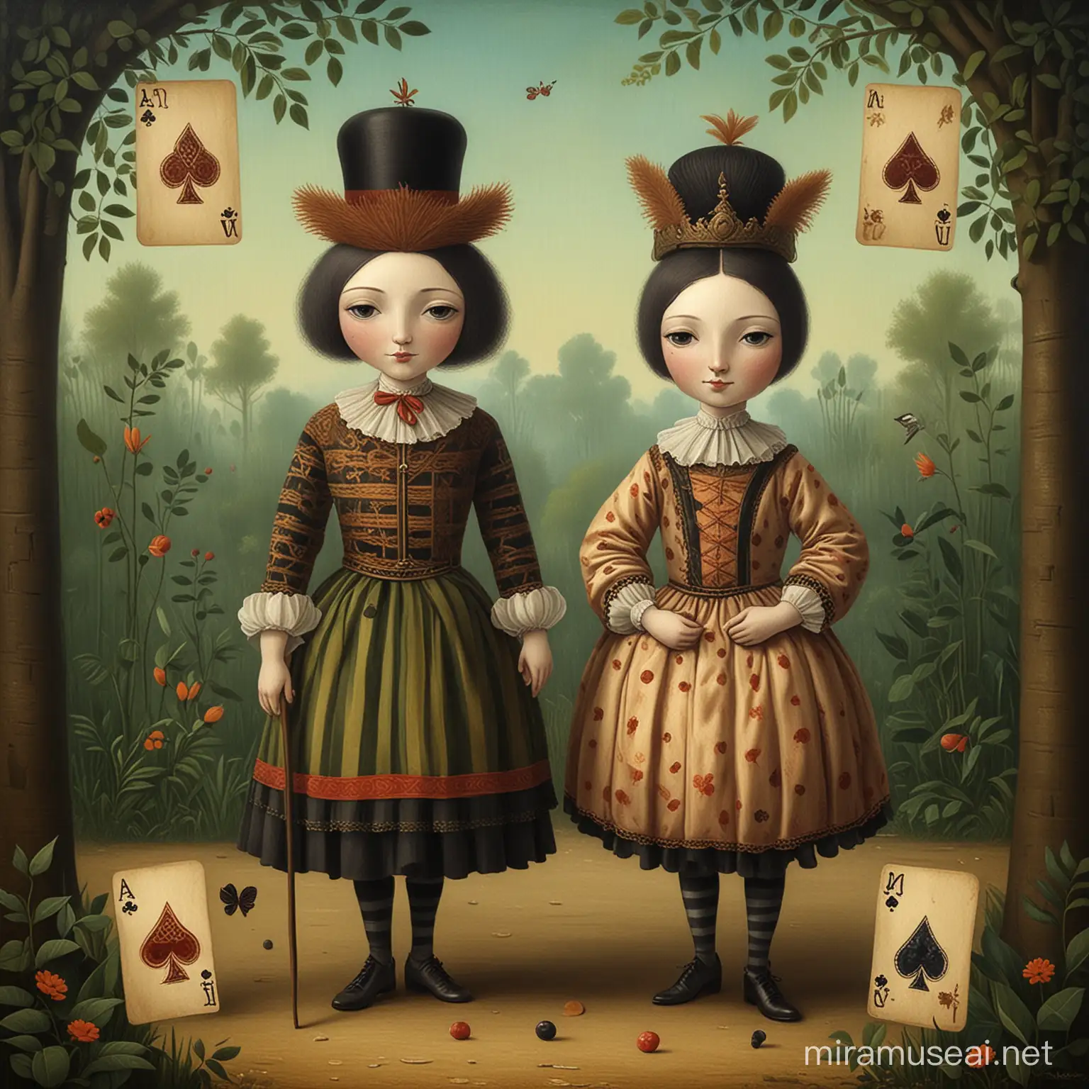 Card game images figures in renaissance costumes, king of clubs card figure with faces in the style of Inge Schuster, Nicoletta Ceccoli and Goro Fujita create a very painterly surrealistic painting wallart with brush strokes in the naive and primitive style of of Sergey Tarabanov, Iwona Lifsches,, Catrin Welz-Stein, in a primitive art style of Henri Rousseau , French post-impressionist painter in the Naïve or Primitive manner, npainted, stunning art painted, colors.