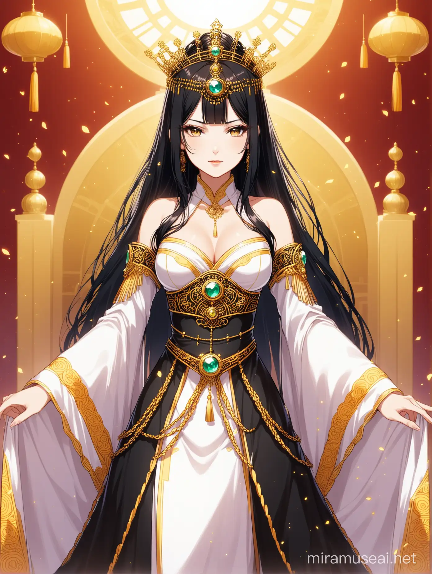 A woman with anime-style black hair, cosplaying an empress.