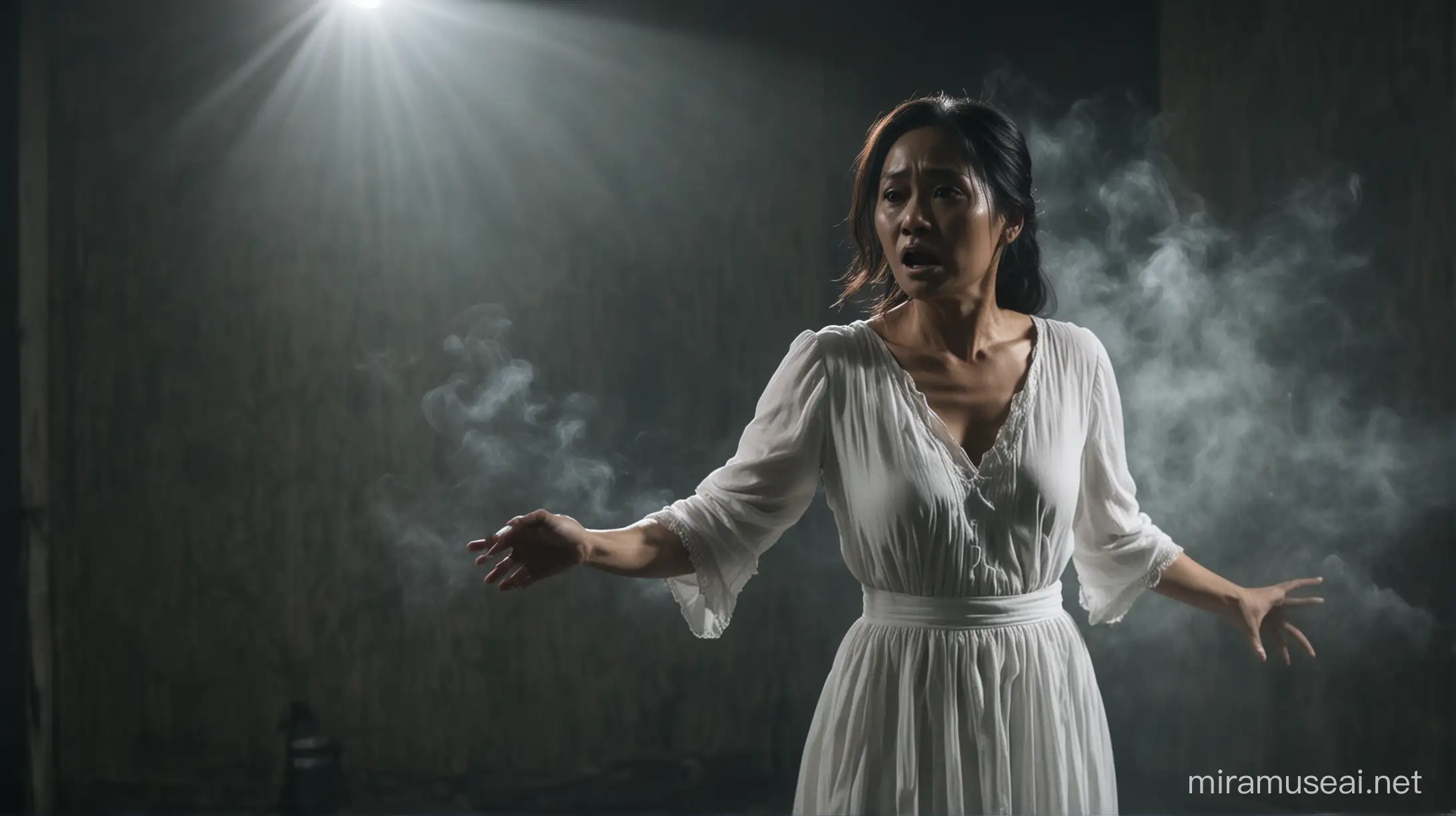 Eerie Ghost of a Filipino Woman in White Dress Pointing in Dark Room