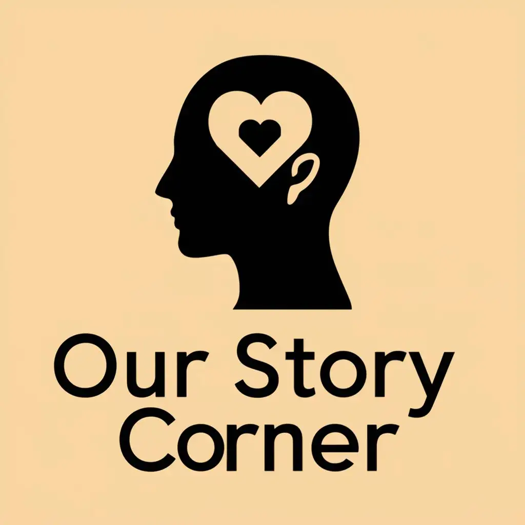 logo, side head silhouette with a love inside and include an ear, with the text "Our Story Corner", typography