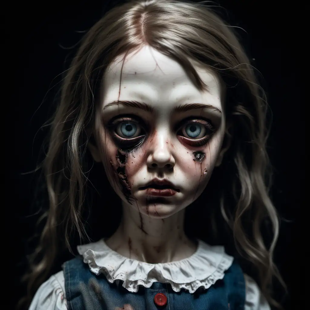 A realistic eerie portrait of a sad girl who is a blend of a realistic mutilated human girl and a vintage doll that has some tear and wear.