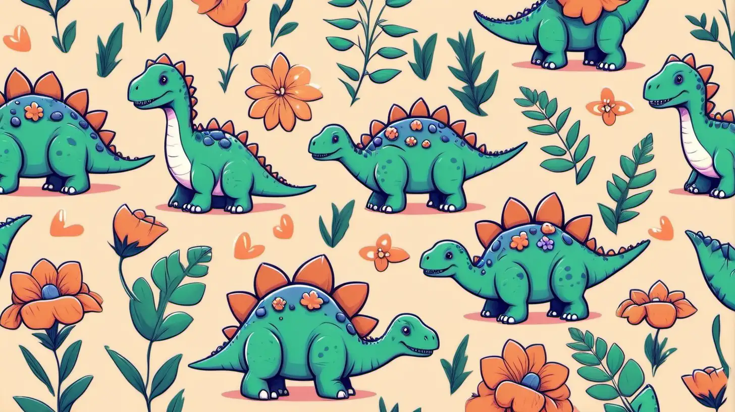 Adorable Dinosaur Friends Surrounded by Blooming Flowers