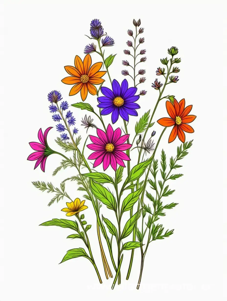 Vibrant-Wildflower-Cluster-4K-HighQuality-Botanical-Line-Art-on-White-Background