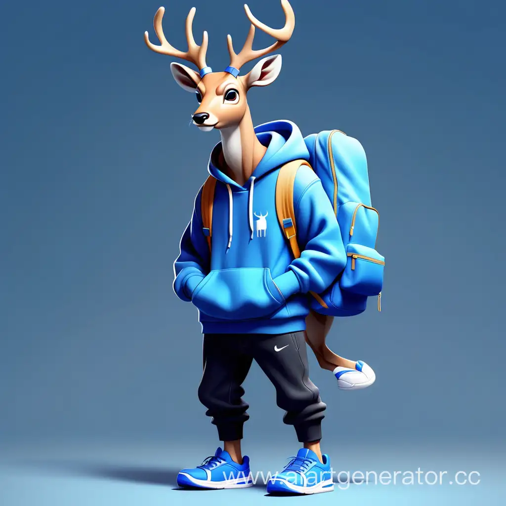 an adult, humanoid deer avatar standing up and wearing a blue hoodie, black pants, a blue backpack and sneakers