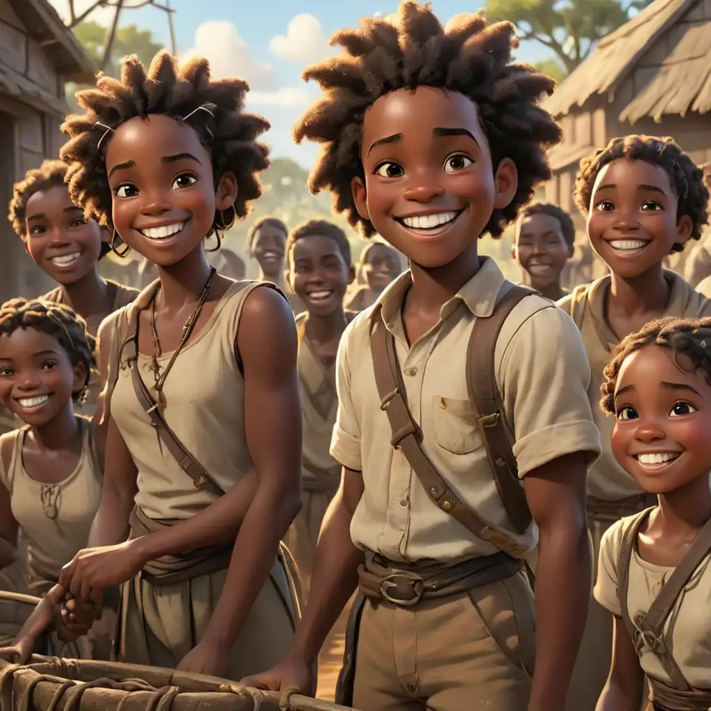 African American Slaves in a Cartoon Style Smiling